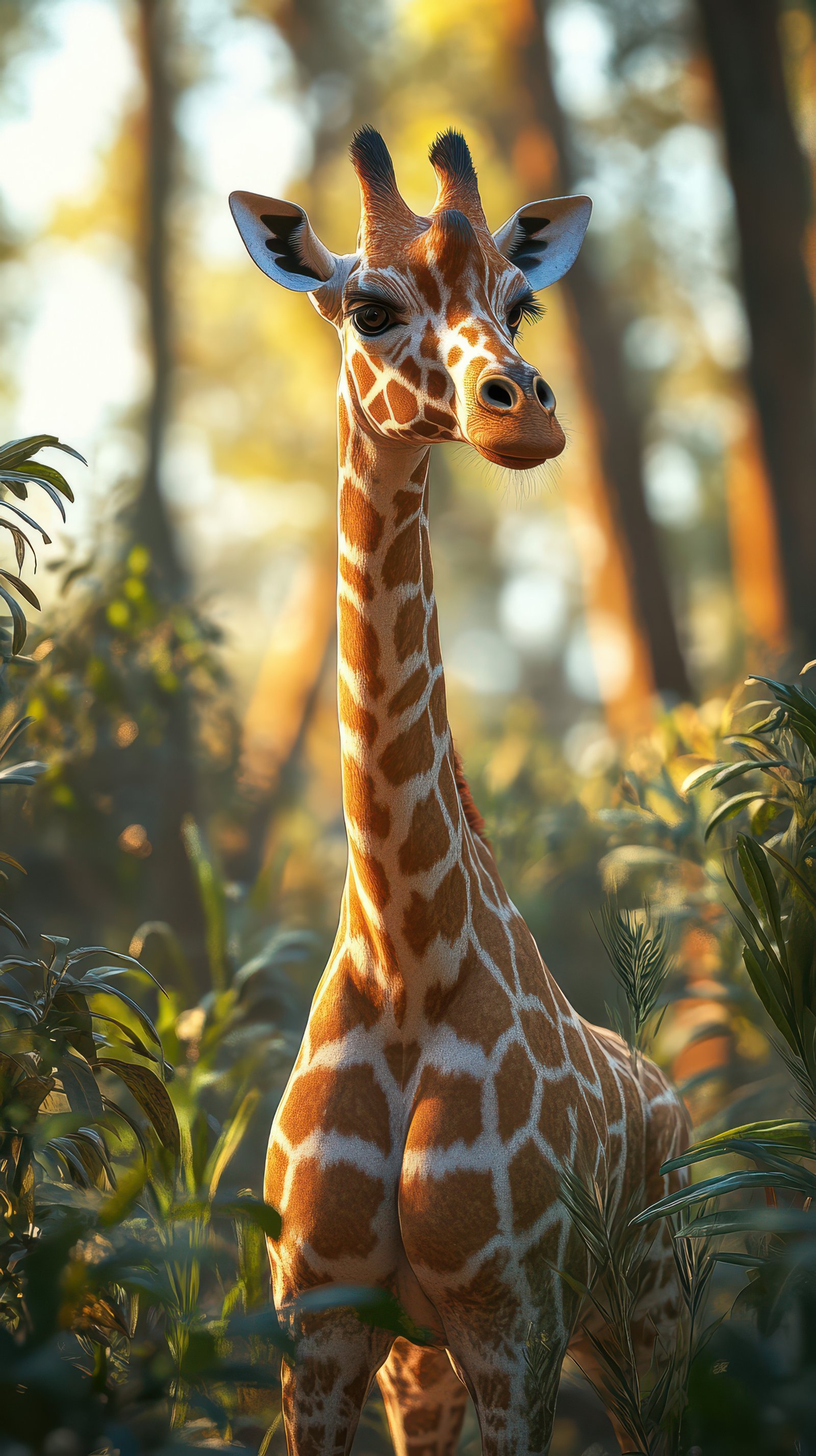 Majestic giraffe stands gracefully among lush greenery in a sunlit forest at dawn